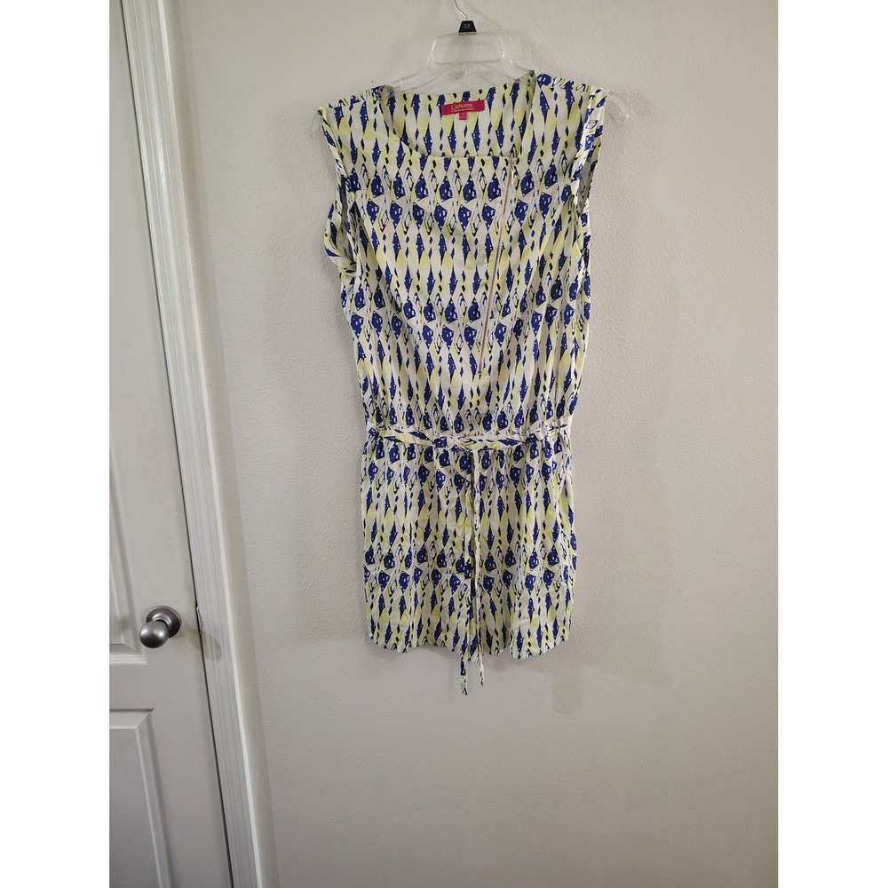 Catherine Catherine Malandrino Blue Yellow Ikat Print Sleeveless Romper Size 10